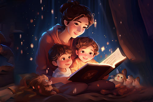 Illustration of a mother reading a bedtime story to her two children