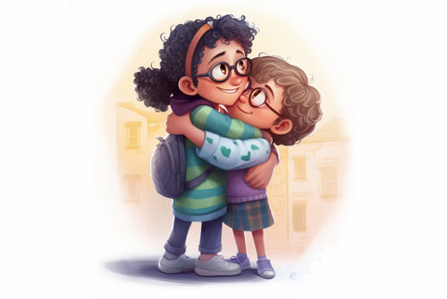 Cartoon of 2 kids hugging