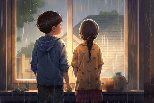 Two cartoon children looking out on a rainy day